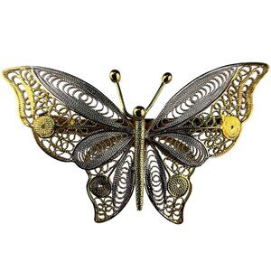 Sterling Silver & Gold Tone Filigree Butterfly Brooch 925 Intricate Vintage Desi